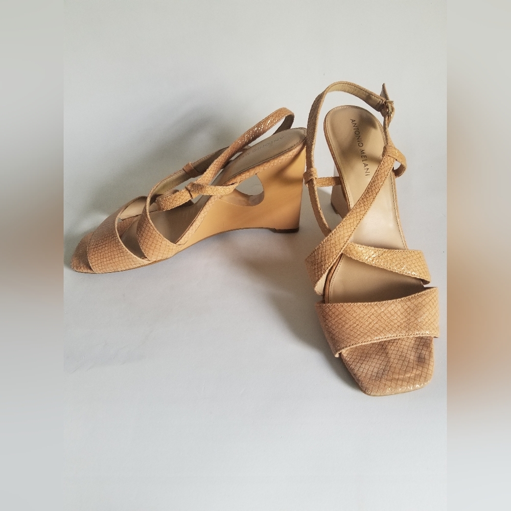 Women's Antonio Melani tan  irridescent shoes Sz 11M side buckle strap closure